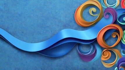 Poster - Vibrant 3D Blue Ribbon Design with Colorful Swirls and Artistic Background Patterns for Creative Projects and Promotions