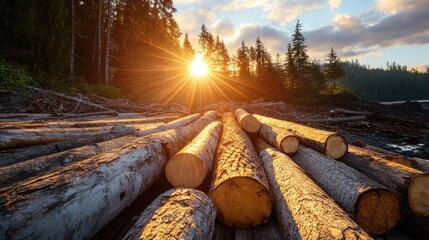 Aufkleber - Sun flare illuminates old growth logs stacked on a log deck amidst serene forest backdrop at sunset showcasing nature's beauty.