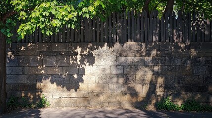 Aufkleber - textured stone wall casting shadow patterns from a wooden fence and leafy trees in a serene outdoor 