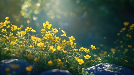 Poster - Vibrant yellow wildflowers blooming in a serene garden setting with soft sunlight illuminating the scene and gentle bokeh effects.