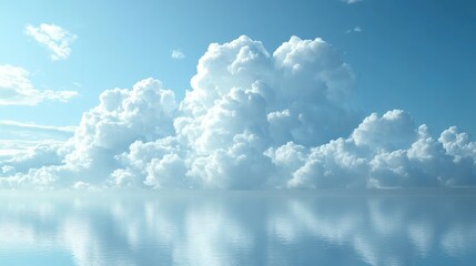 Poster - 3D Illustration of Soft White Clouds Reflecting on a Calm Surface under a Bright Blue Sky for Cloud Computing Concepts