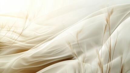 Fototapete - Natural Elegance in Abstract Fabric Waves with Grass Accents for Contemporary Design Backgrounds