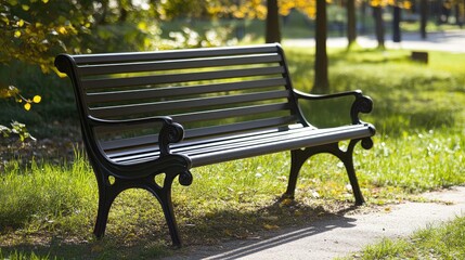 Poster - Elegant park bench surrounded by lush greenery inviting relaxation in a serene outdoor setting.