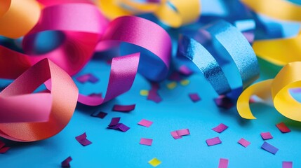 Poster - Vibrant colorful streamers and confetti scattered on a blue background creating a festive celebration atmosphere.