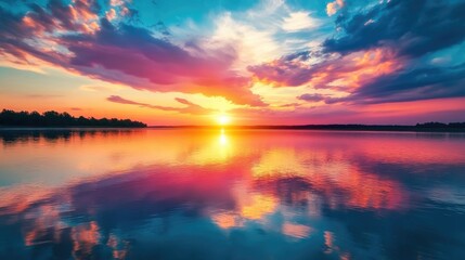 Aufkleber - Vibrant sunset reflection on calm waters creating a serene and peaceful landscape atmosphere at dusk in a tranquil natural setting