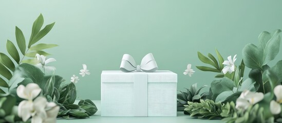 Poster - Elegant 3D gift box mockup adorned with greenery and flowers featuring ample space for custom text and branding opportunities