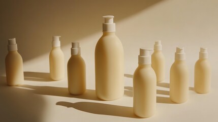 Poster - Collection of assorted lotion bottles arranged artistically in a minimalist studio setting with soft natural lighting and subtle shadows.