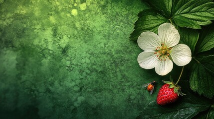 Aufkleber - Strawberry flower and ripe fruit on lush green background with insect providing natural garden atmosphere and vibrant colors