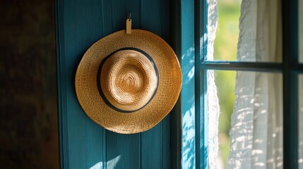 Aufkleber - Straw hat hanging on a rustic peg near a sunlit window creating a warm and inviting atmosphere at home