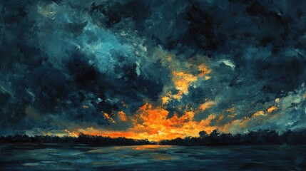 Aufkleber - Dramatic stormy sky with vibrant colors signaling impending rain over a tranquil landscape at dusk
