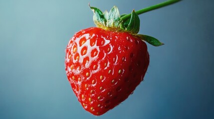 Poster - Freshly picked strawberry with dew drops suspended against a soft blue background showcasing its vibrant color and texture.