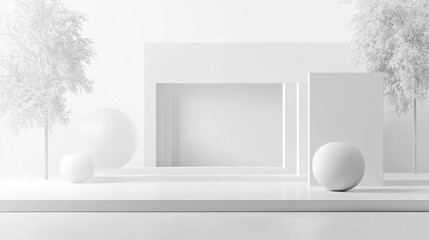 Poster - Minimalist 3D White Abstract Design for Real Estate Presentation Featuring Geometric Shapes and Natural Elements