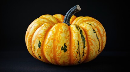 Poster - Vibrant pumpkin with intricate patterns on a dark backdrop emphasizing its natural beauty and texture for seasonal decor and culinary use.