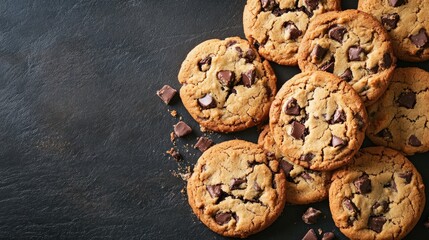 Aufkleber - Deliciously baked chocolate chip cookies arranged on a dark stone surface showcasing their enticing texture and rich flavor
