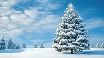 Poster - Majestic pine tree blanketed in snow under bright blue sky in serene winter landscape with softly rolling hills and distant snowy pines.