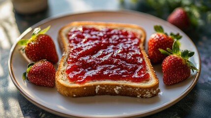 Poster - Delicious strawberry jam toast served with fresh strawberries on a plate for a vibrant breakfast setting.