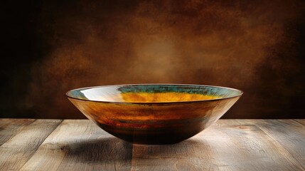 Poster - Elegant ceramic serving bowl with a glossy finish showcasing vibrant colors on a rustic wooden table against a warm background.