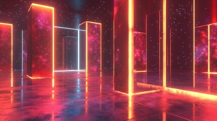 Poster - Futuristic 3D Scene with Neon Borders and Reflective Surfaces in a Cosmic Environment