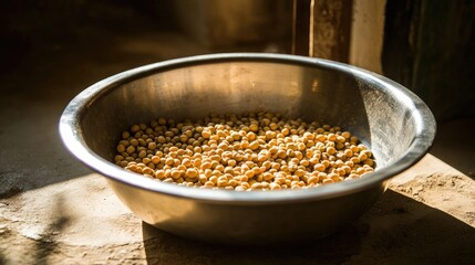 Poster - Steel bowl showcasing vibrant yellow peas under natural light emphasizing freshness and healthy nutrition in a rustic setting