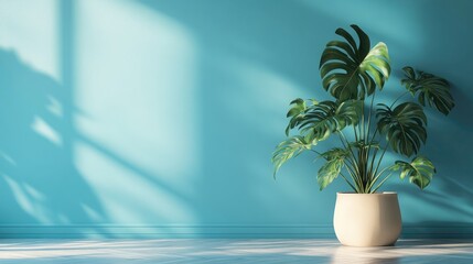 Poster - Modern living room with monstera plant in beige pot against vibrant blue wall geometric design and ample copy space for mockup purposes