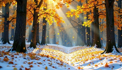 Wall Mural - Snowy forest floor covered in yellow leaves falling gently, trees, tree branches, nature scene