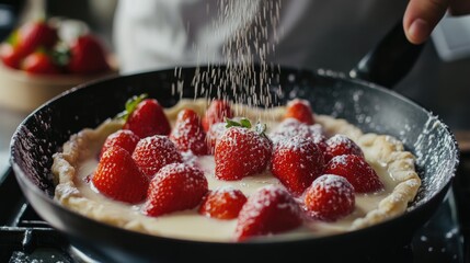 Wall Mural - Strawberry galette being prepared with vanilla bean and chia seeds sprinkled with powdered sugar creating a delicious dessert experience