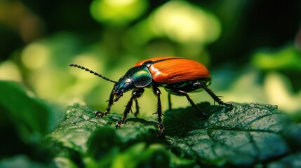 Poster - Close-up of a vibrant beetle walking on lush green leaves in a garden setting showcasing detailed textures and natural beauty.