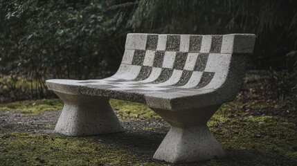 Poster - Cement bench designed with a chessboard pattern in a natural outdoor setting surrounded by greenery