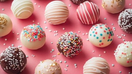 Aufkleber - Colorful assorted bon bons on pink background showcasing various toppings and textures, perfect for sweet treat visuals.