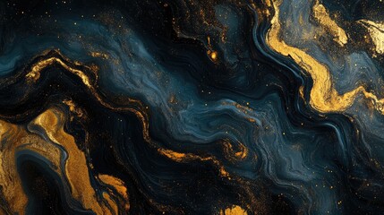 Leinwandbilder - Deep Gold and Black Abstract Cosmic Swirl Texture with Fluid Patterns and Starry Details