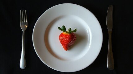 Aufkleber - Fresh ripe strawberry elegantly displayed on a clean white plate with fork and knife ready for a delightful culinary experience.