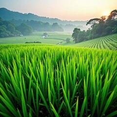 Wall Mural - Dew-kissed rice fields in misty Indonesian morning, idyllic scene, foliage