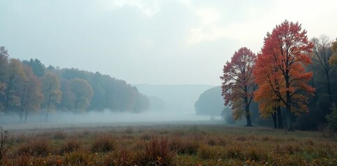 Wall Mural - Foggy morning landscape with trees in autumn colors, grey skies, forest