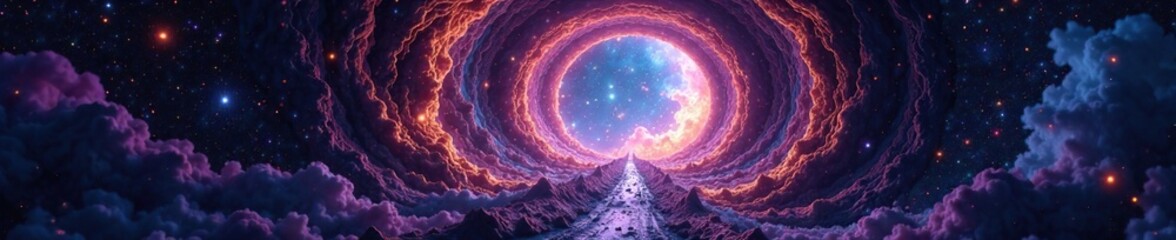 Wall Mural - Cosmic tunnel with stars and nebula on both sides, gravitational lensing, galaxies