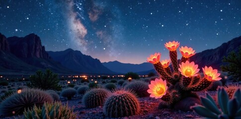 Wall Mural - Starry night and blooming cactus flowers in a desert landscape with long exposure, nature, macro photography, starlight