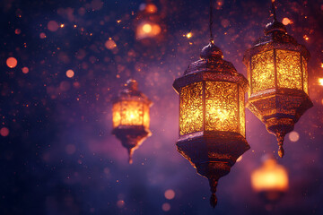 Wall Mural - Glowing lanterns illuminate a serene night scene with a magical ambiance.