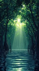 Wall Mural - Enchanting mangrove forest path with misty sunlight beams filtering through the lush verdant foliage and a serene pond reflecting the ethereal dreamlike scene  A captivating