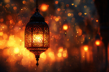 Wall Mural - A beautifully lit lantern against a backdrop of glowing bokeh lights.