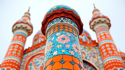 Vivid close-up of mosaic tile pillar. Orange and blue colors dominate with floral patterns. Use for backgrounds, architectural details, or cultural designs.