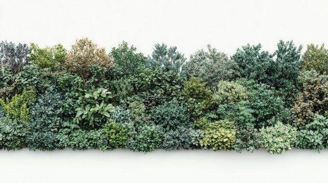 Realistic seamless 3D plant hedge with diverse shrubs and small trees. Ideal for architectural visualization landscaping and creating natural barriers.