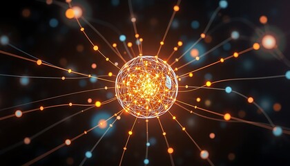 Poster - Glowing Network Sphere Orange Lines Dark Background Digital Art