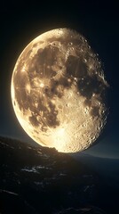 large, luminous moon over dark landscape.