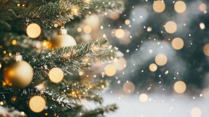 Wall Mural - A beautifully adorned Christmas tree stands amidst falling snow, illuminated by soft golden lights and ornaments, creating a festive atmosphere