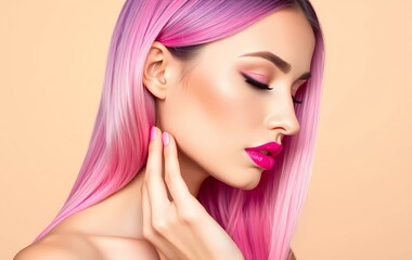 Wall Mural - Beauty model girl with perfect healthy hair and beautiful makeup. Ombre pink with grey dyed hair