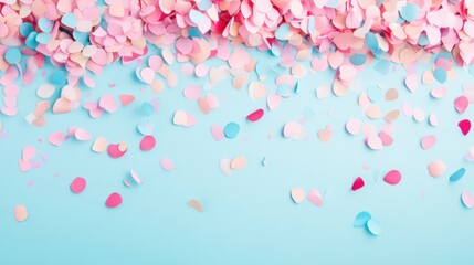 Wall Mural - Confetti in vibrant pink, blue, and white gracefully descends on a bright blue background, creating a joyful atmosphere for festivities