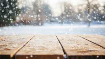 Wall Mural - A rustic wooden table stands in a tranquil winter wonderland, surrounded by falling snowflakes and blanketed snow-covered ground