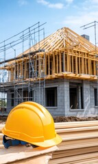 Wall Mural - Yellow Construction Helmet in Front of a Building Under Construction with Scaffolding and Wooden Framework