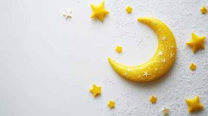 Sticker - A yellow crescent moon and stars on a white background sprinkled with snow evoke a magical nighttime ambiance. Ideal for dreamy or celestial-themed projects.