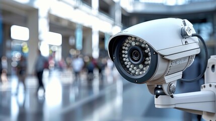 Poster - A security camera monitors activity in a public space, capturing images of people in motion within a modern environment.