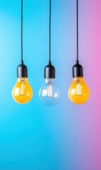 Wall Mural - Stylish Hanging Light Bulbs with Colorful Background in Bright Blue and Pink Gradients